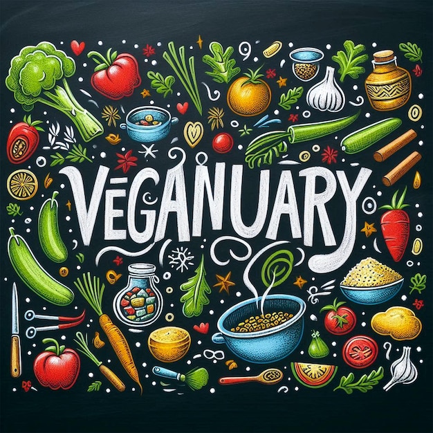 Photo chalkboard with handdrawn veganuary typography surrounded by colorful chalk drawings of vegetable