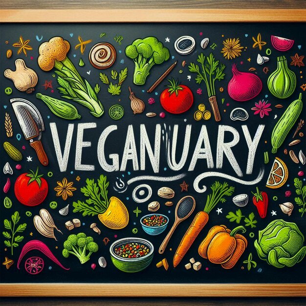 Photo chalkboard with handdrawn veganuary typography surrounded by colorful chalk drawings of vegetable