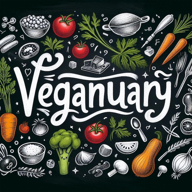 Chalkboard with HandDrawn Veganuary Typography Surrounded by Colorful Chalk Drawings of Vegetable