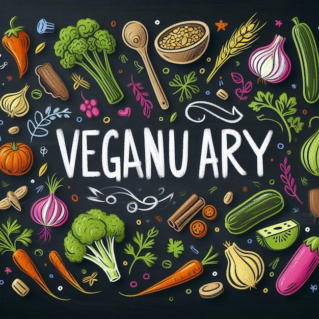 Chalkboard with HandDrawn Veganuary Typography Surrounded by Colorful Chalk Drawings of Vegetable