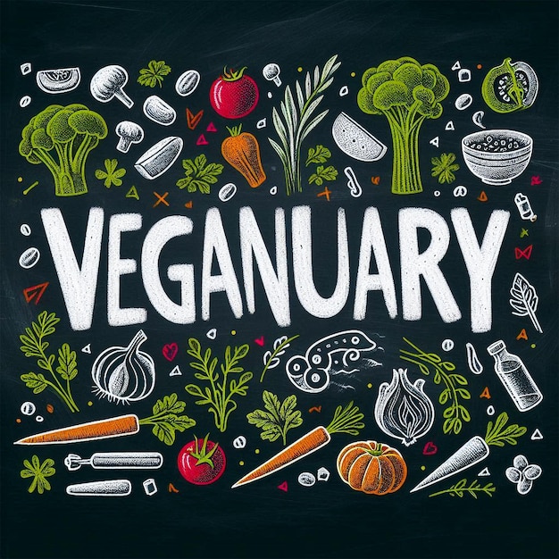 Chalkboard with HandDrawn Veganuary Typography Surrounded by Colorful Chalk Drawings of Vegetable