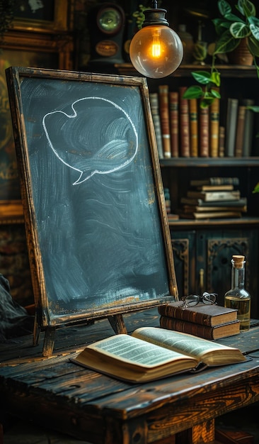 Chalkboard With Handwritten Text and Open Book Dimly lit setting with a chalkboard displaying text and wave drawing on a table with an open book