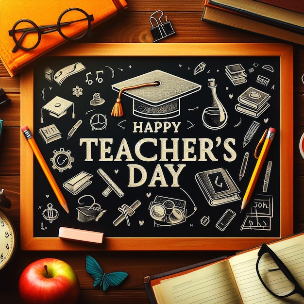 A chalkboard with HAPPY TEACHERS DAY written on it surrounded by educational symbols graduation cap