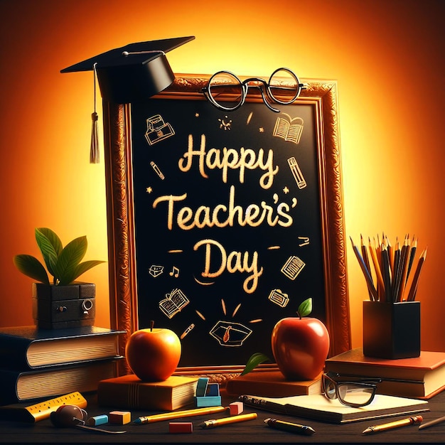 a chalkboard with HAPPY TEACHERS DAY written on it surrounded by educational symbols