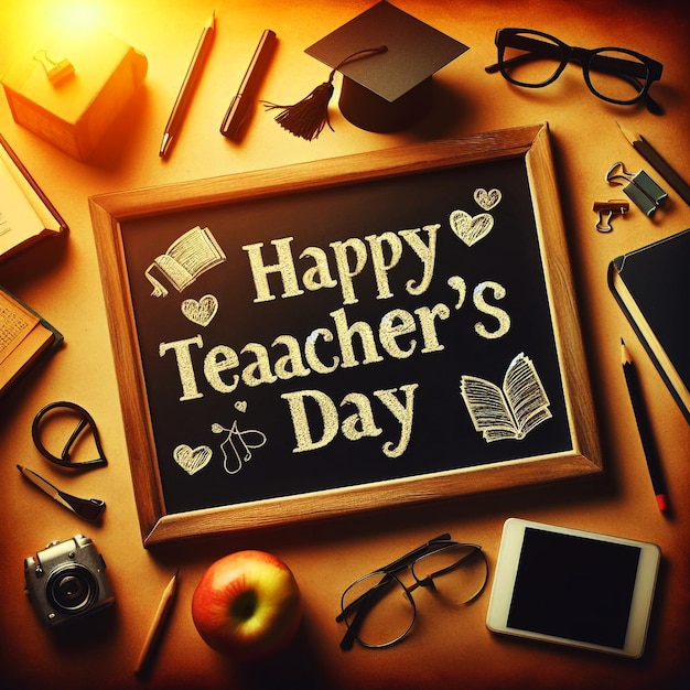 a chalkboard with HAPPY TEACHERS DAY written on it surrounded by educational symbols