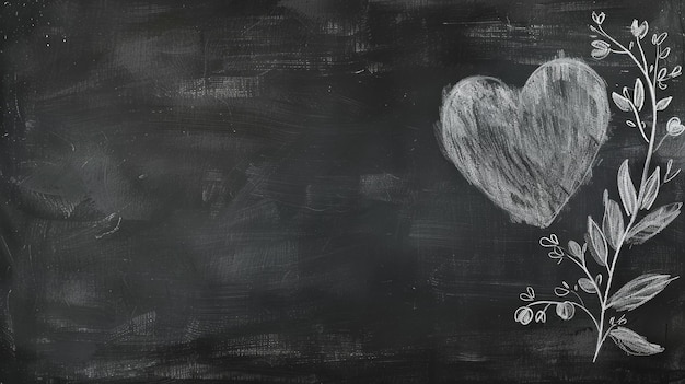 Photo chalkboard with a heart and floral branch drawn in white chalk heart and flower drawing concept of love simplicity romantic art decorative sketch copy space