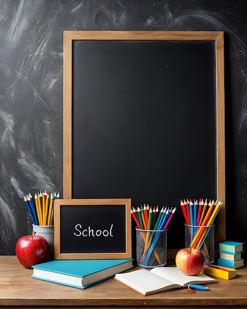 a chalkboard with pencils and books on a table poster design