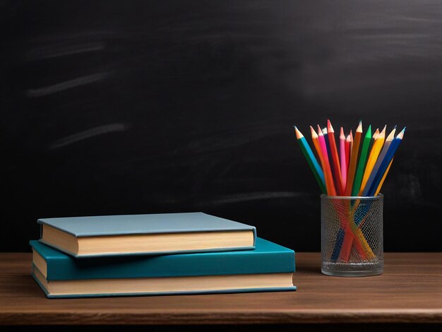 a chalkboard with pencils and a chalkboard behind it