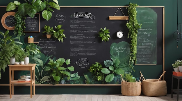 a chalkboard with plants on it and a green background