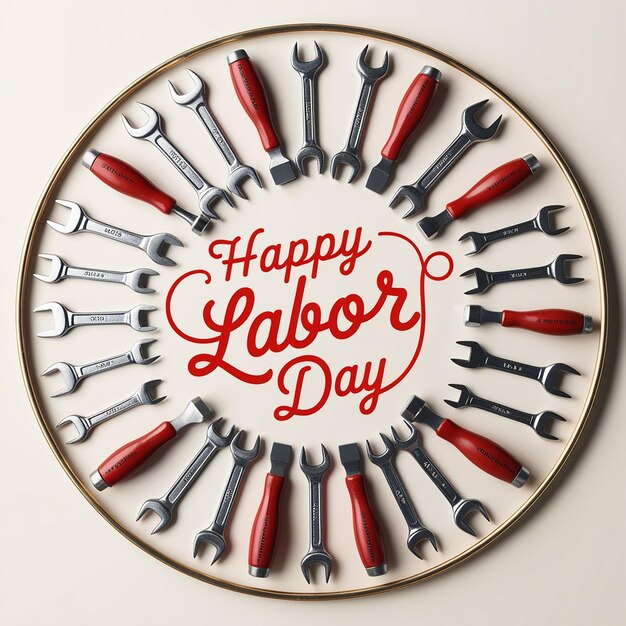 Chalkboard with text HAPPY LABOR DAY USA flag and toy tools on blue background Labor Day celebration