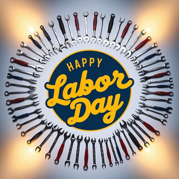 Chalkboard with text HAPPY LABOR DAY USA flag and toy tools on blue background Labor Day celebration