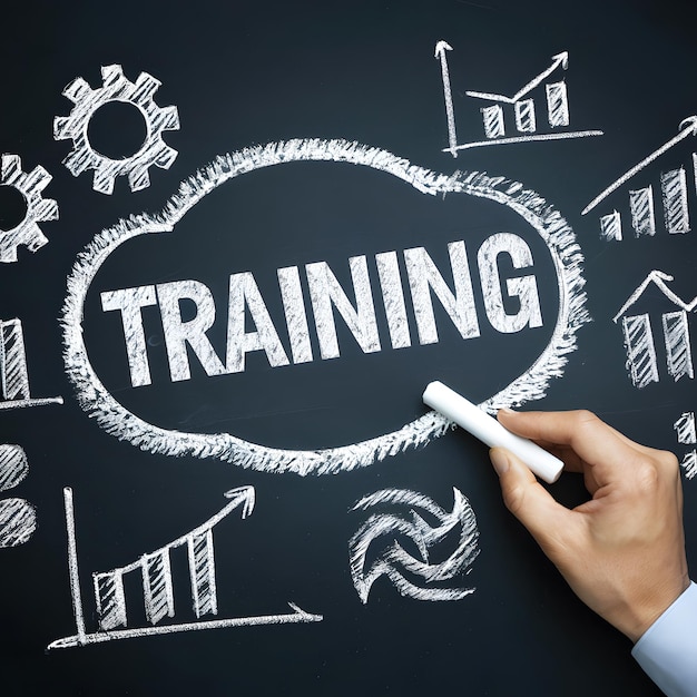 Photo chalkboard with training surrounded by gears and graphs