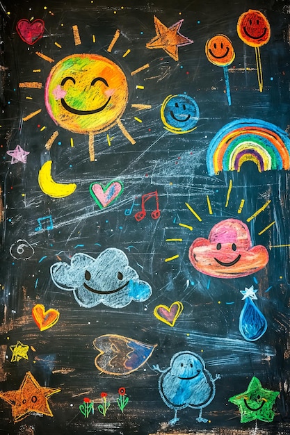 A chalkboard with various drawings of sun clouds and hearts