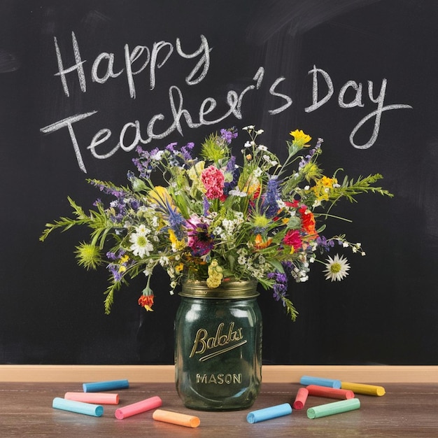 Photo chalkboard with wildflowers happy teachers day poster design 1