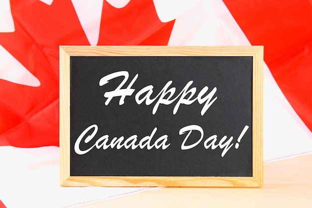 Chalkboard with the word Happy Canada Day on the national flag. Feast of 1 July.