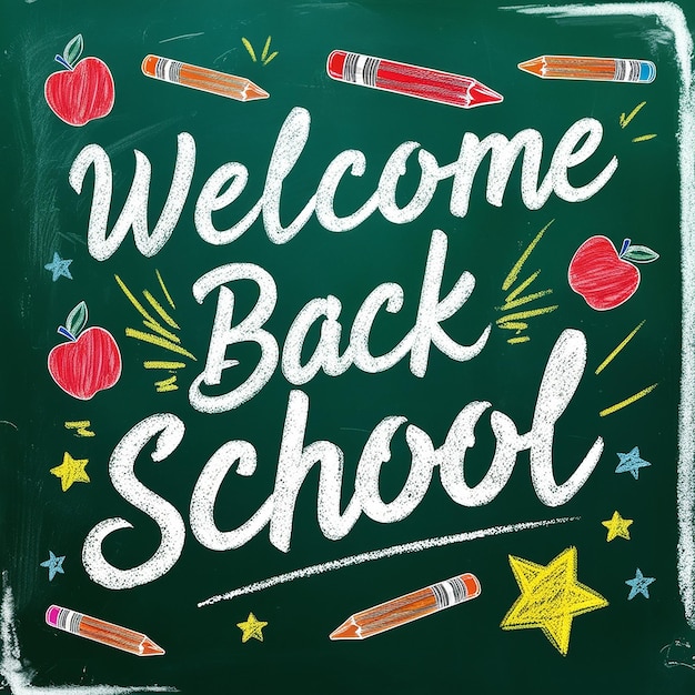 a chalkboard with the words welcome back to school written on it