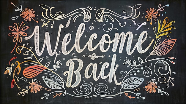 Chalkboardstyle Welcome Back sign featuring a whimsical botanical design with leaves and vines