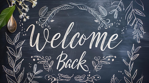 Chalkboardstyle Welcome Back sign featuring a whimsical botanical design with leaves and vines