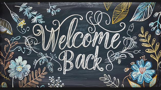 Photo chalkboardstyle welcome back sign featuring a whimsical botanical design with leaves and vines