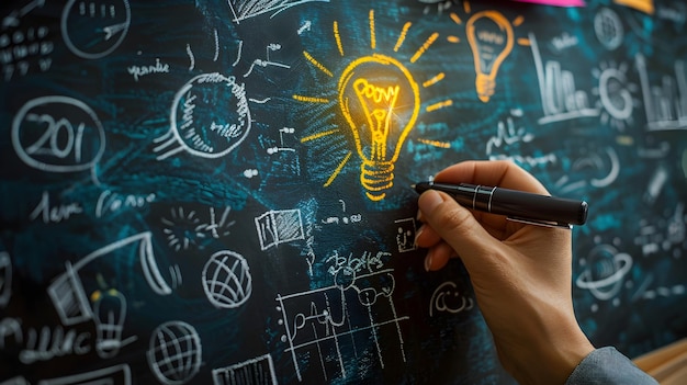 Chalked of a Light Bulb and Business Icons on a BlackboardSymbolizing Creative Thinking