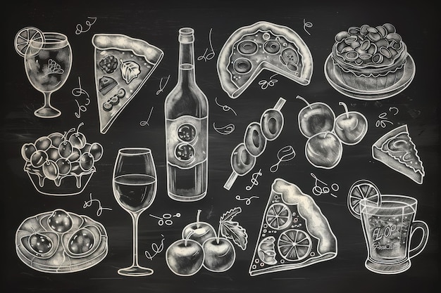 Photo chalkstyle illustrations of pizza wine and desserts for a creative menu design