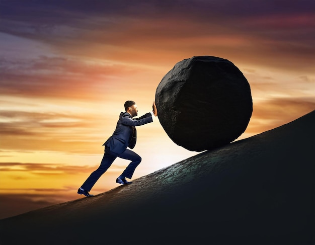 Photo challenge and determination businessman pushing boulder