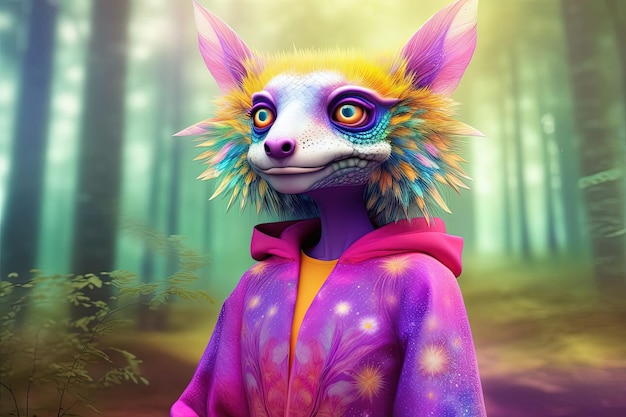 Chamaleon rainbow fur human hybrid inthe magic forest background manga anime style illustration generative ai