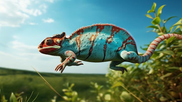 Chameleon animal jumping field wallpaper image Generative AI