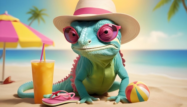 a chameleon in a beach hat