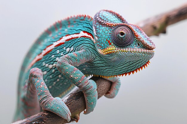 a chameleon on a branch with a blue and red pattern