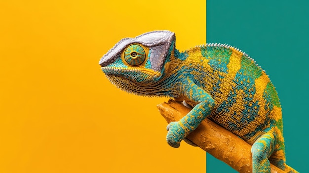 Photo chameleon on a branch with vibrant colors