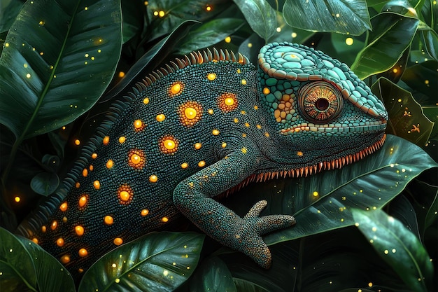 Chameleon Camouflaged in Lush Green Foliage with Glowing Spots