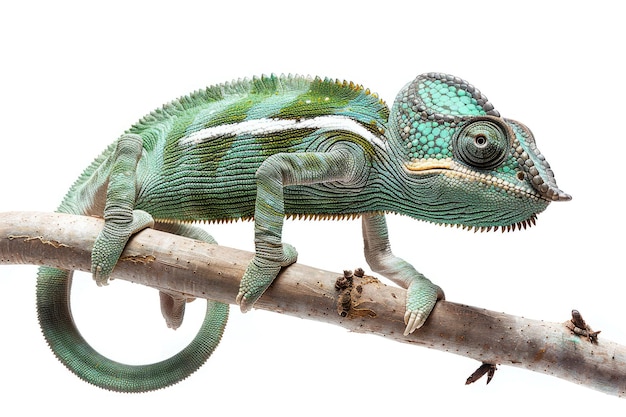 Photo chameleon chamaeleo calyptratus on a branch isolated on white