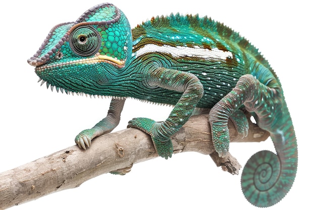 Photo chameleon chamaeleo calyptratus on a branch isolated on white