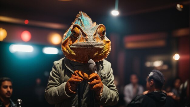 A chameleon doing a standup comedy routine at a comedy club