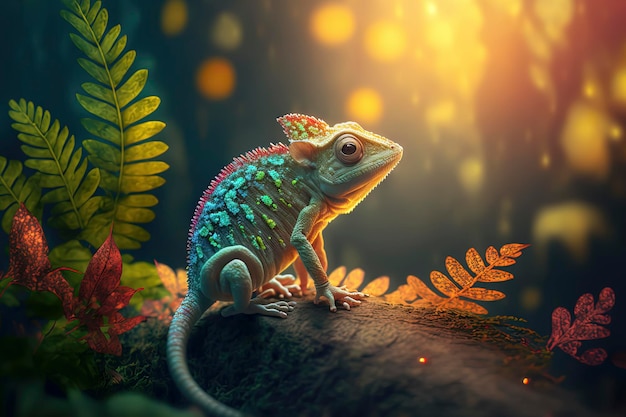 Chameleon in a glowing enchanted forrest view from the distance Wildlife photography AIGenerated