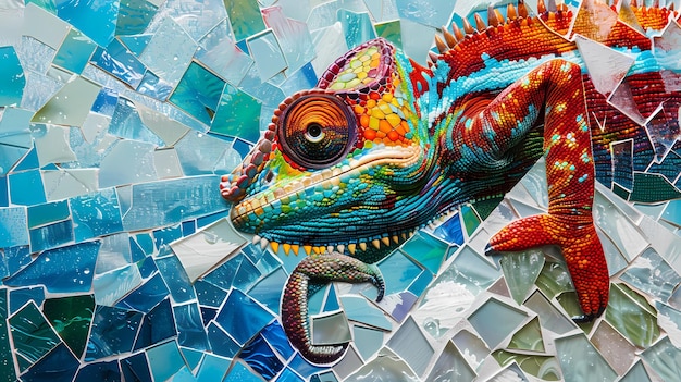 a chameleon is changing its color halfway frozed inside a large ice pyramid mosaic tile art