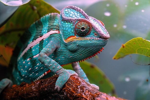 a chameleon is sitting on a branch and looking at the camera