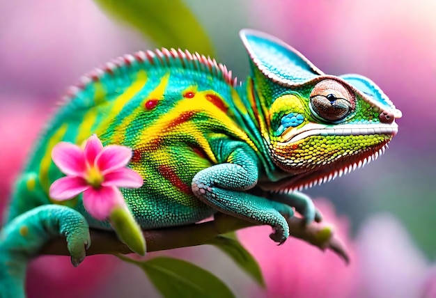 a chameleon is sitting on a branch with a pink flower in the background