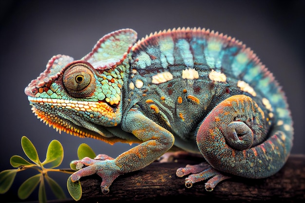 A chameleon is sitting on a branch