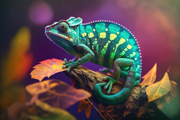 Chameleon lizard sits on a branch against a blurred natural background ai generated