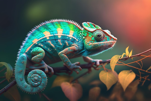 Chameleon lizard sits on a branch against a blurred natural background ai generated