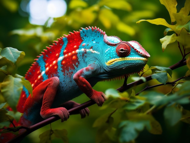 Chameleon morphing against backdrop of vibrant foliage