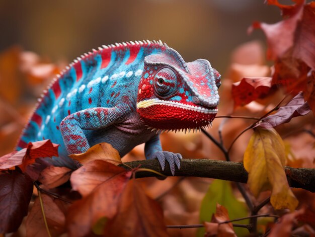 Chameleon morphing against backdrop of vibrant foliage