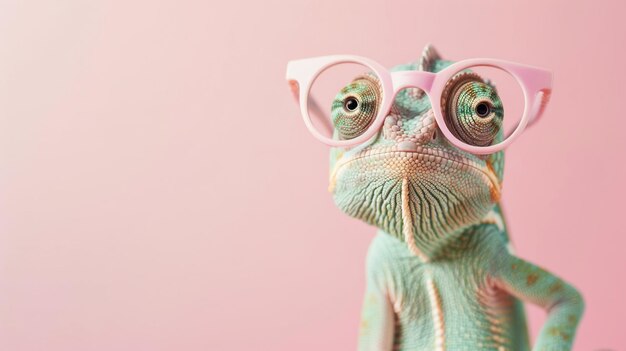 Photo chameleon in pink glasses