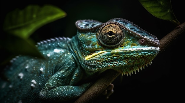 A chameleon sits on a branch in a dark room.