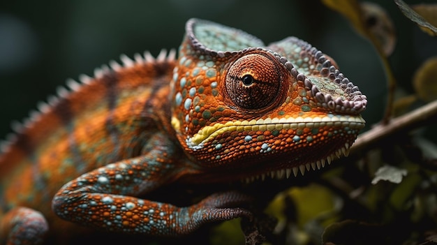 A chameleon sits on a branch in a dark room.