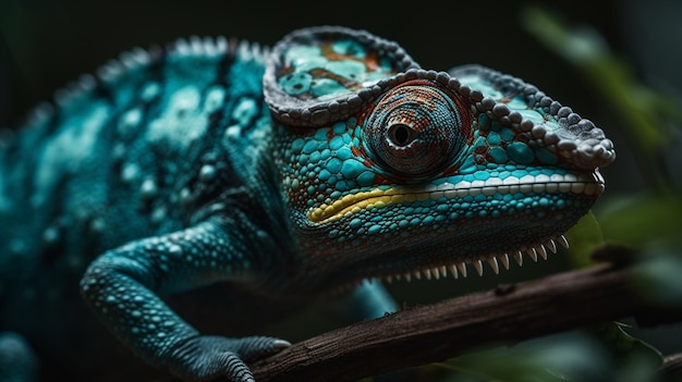 A chameleon sits on a branch with a green background.