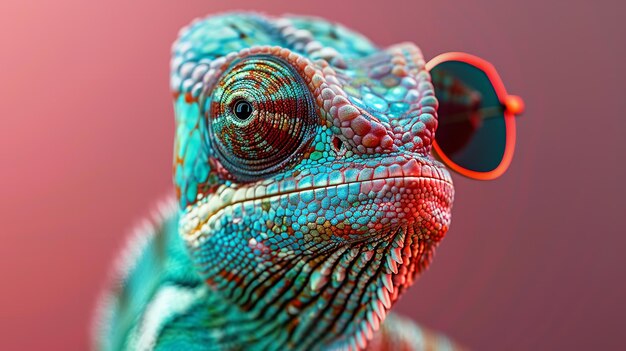 Photo chameleon in sunglasses fashion portrait with pink and blue neon colors created with ai