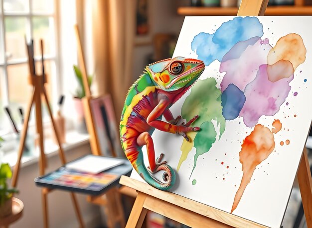 Photo chameleon watercolour drawing with vibrant colors